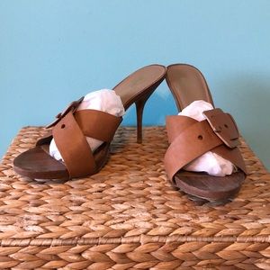 Donald J. Pliner Tan Leather Crisscross Buckle High Heel Mules
